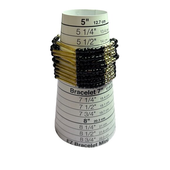 Black Goldtone Silvertone Beaded Stretch Bracelet Seed Beads Metallic Accents - Picture 5 of 5